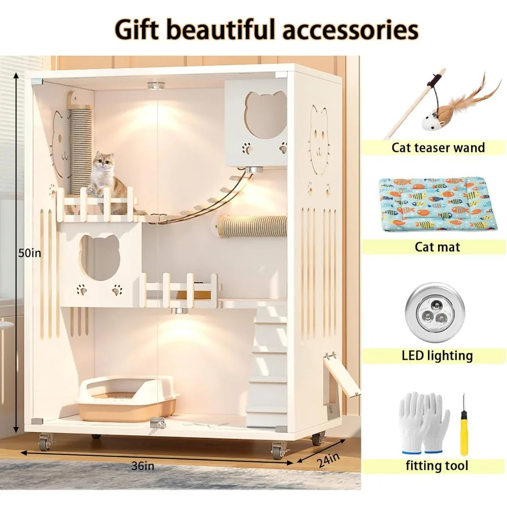 Wood Cat House, Indoor/Outdoor Cat Cage Large Space