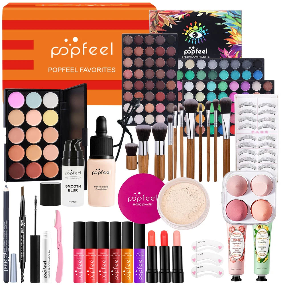 POPFEEL Multifunctional Women’s Makeup Set-Complete Beginner -Friendly Cosmetic Kit with Eyeshadow Palette, Lipstick, Hand Cream
