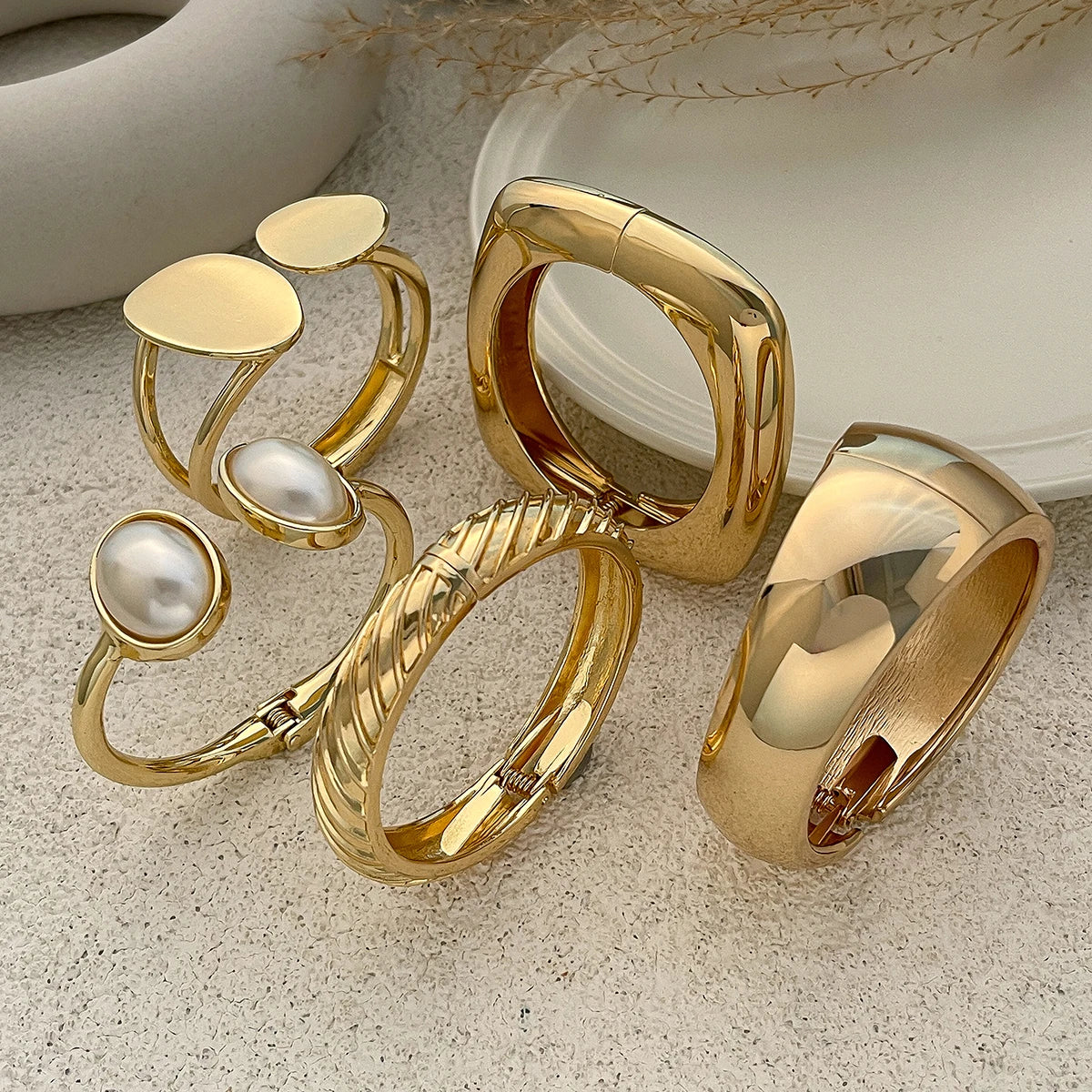 KunJoe 6 Styles Geometric Gold Color Cuff Spring Bangles for Women Vintage Metal Chunky Wide Hand Bracelets Fashion Jewelry Y2K