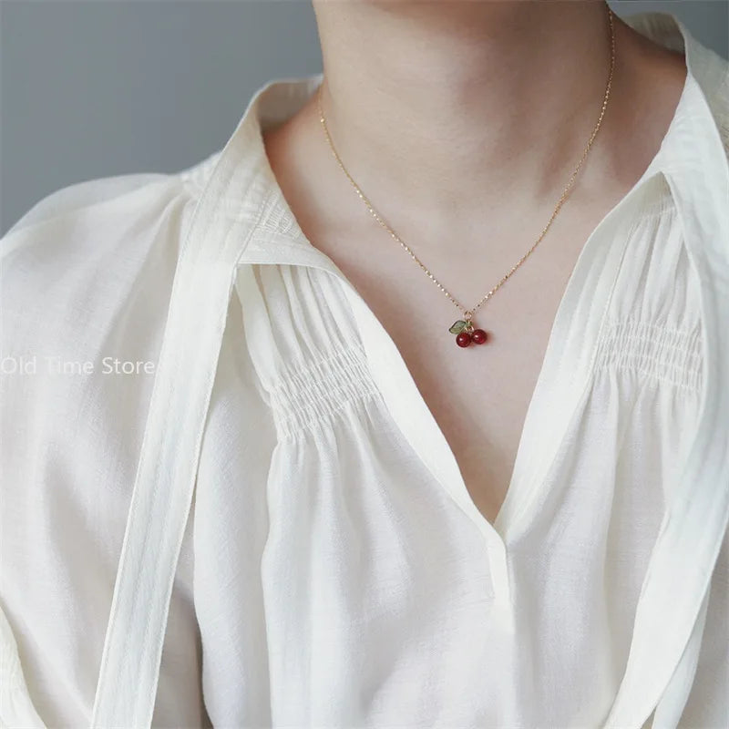 Stainless steel Cherry Necklace Natural stone beads pendant chain necklace Women's fashion wedding jewelry birthday gift