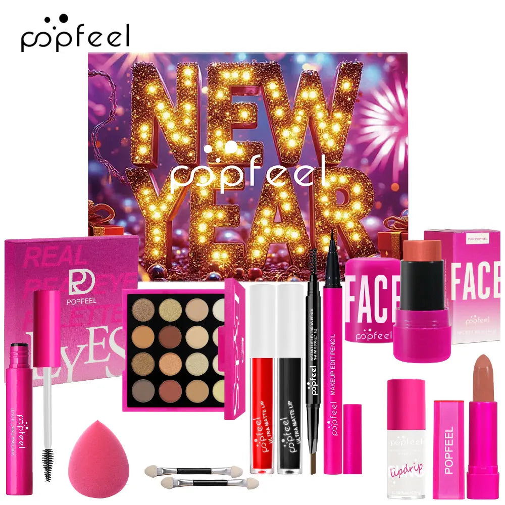 POPFEEL 12-Piece New Year Makeup Set – 2026 Edition cosmetics with Eyeshadow, Blush, Lipstick & Gloss, Mascara, Eyebrow Pencil, Eyeliner.