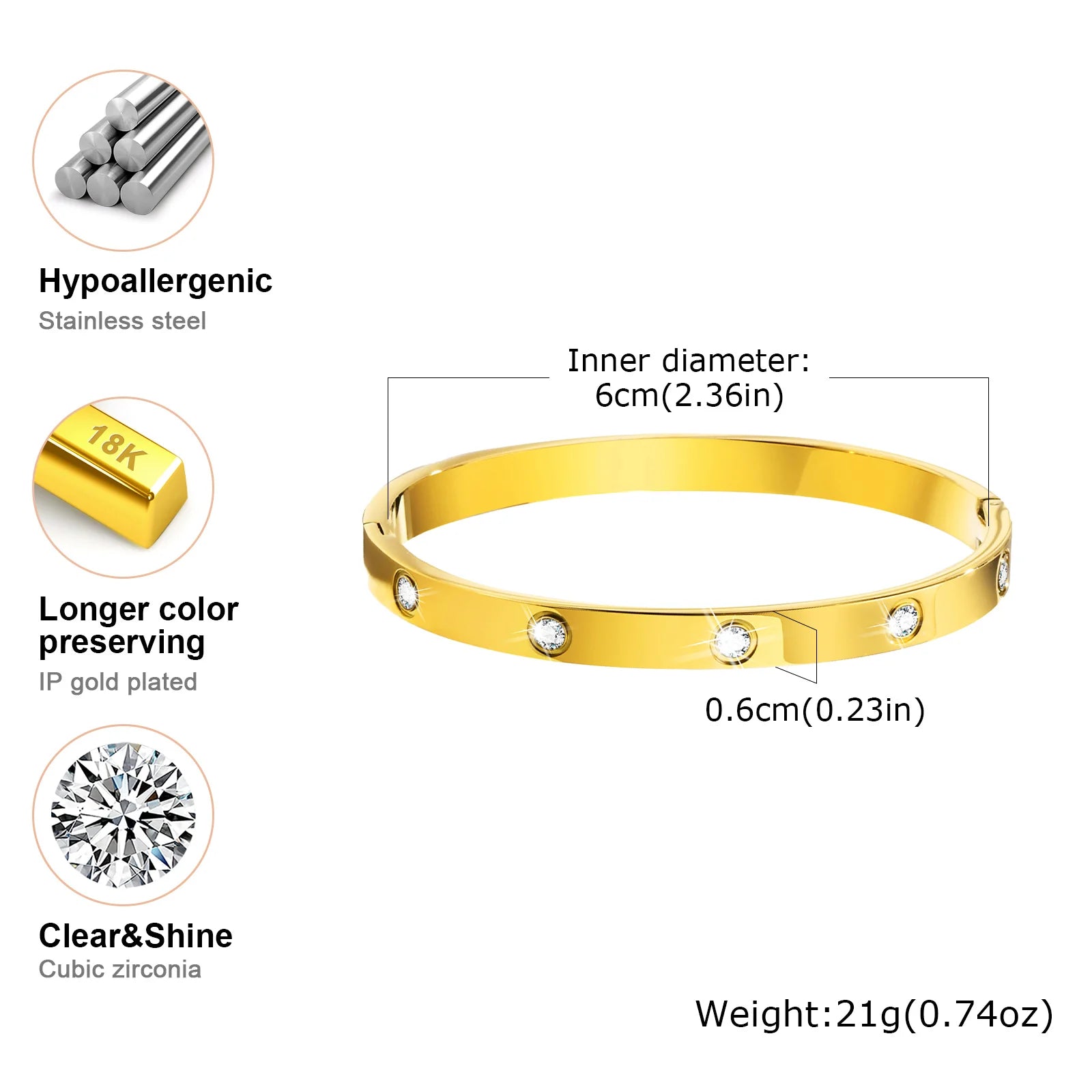 Vnox High-End Stainless Steel Women Bangles, Luxury Solid Gold Plated Love Cuff Bracelets,US Europ Hot Fashion Daily Ins Jewelry