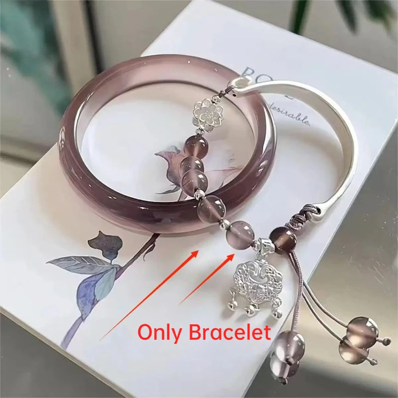 Translucent Resin Bangle for Women Chinese Style Tassel Bells Bracelet Crystal Beads Chain Bracelet Silver Color Alloy Jewelry