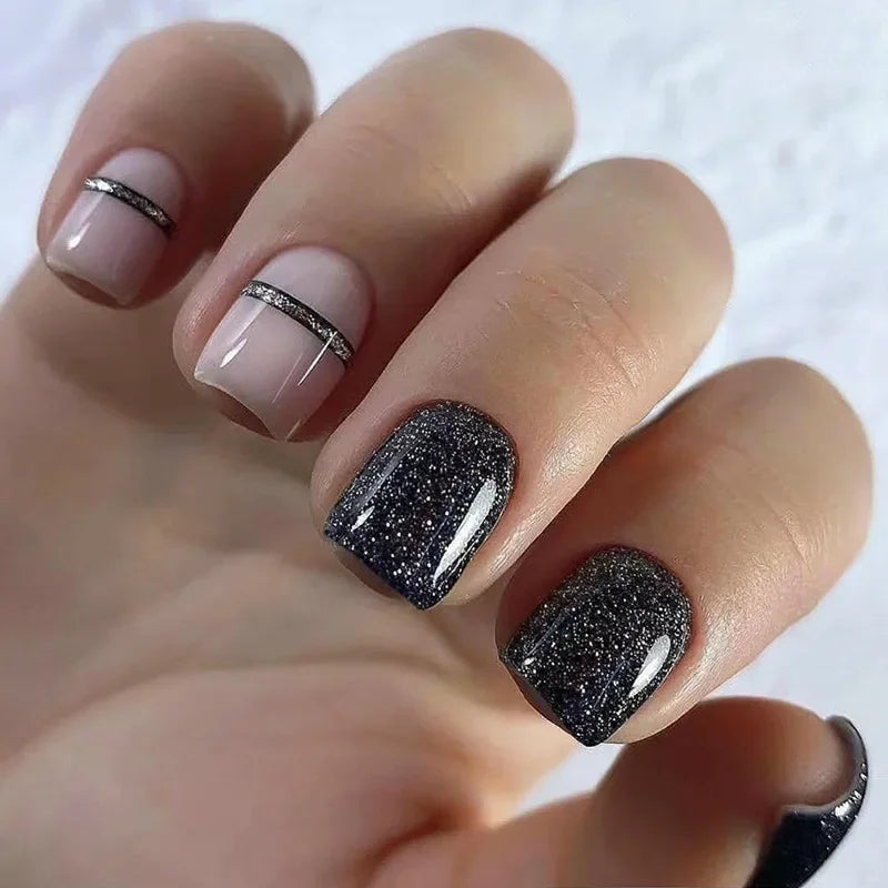 24pcs Short Square Nails Glitter Flower Wave French Nails