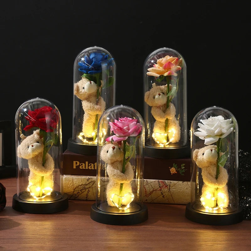 Christmas Valentine's Day Gifts Eternal Rose Flowers in Glass Cover Simulation Rose Flower Desktop Ornament For Girlfriends