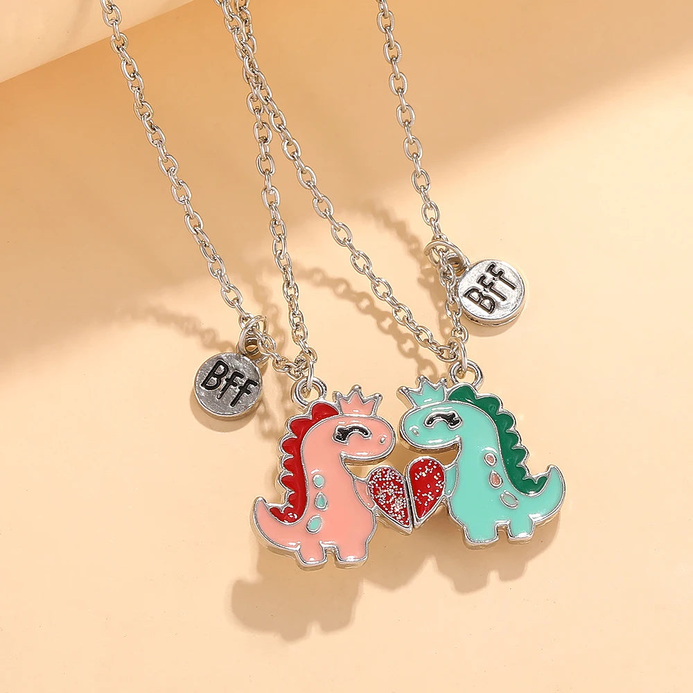 2Pcs/Set BFF Charms Pink Blue Cartoon Dinosaur Heart Design Necklace Cute Lovers Couple Valentine's Day Jewelry Gift