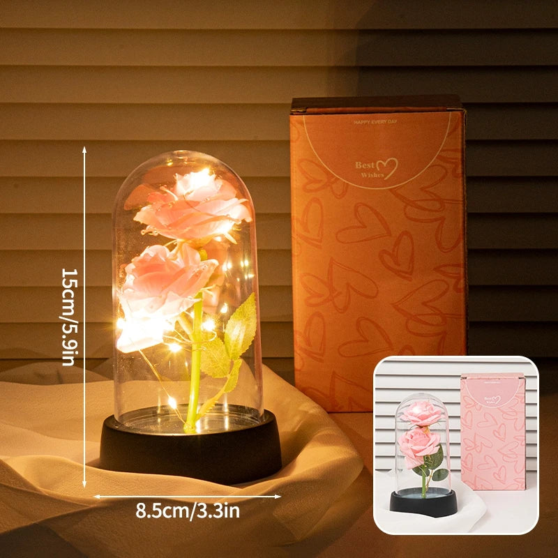 Christmas Valentine's Day Gifts Eternal Rose Flowers in Glass Cover Simulation Rose Flower Desktop Ornament For Girlfriends