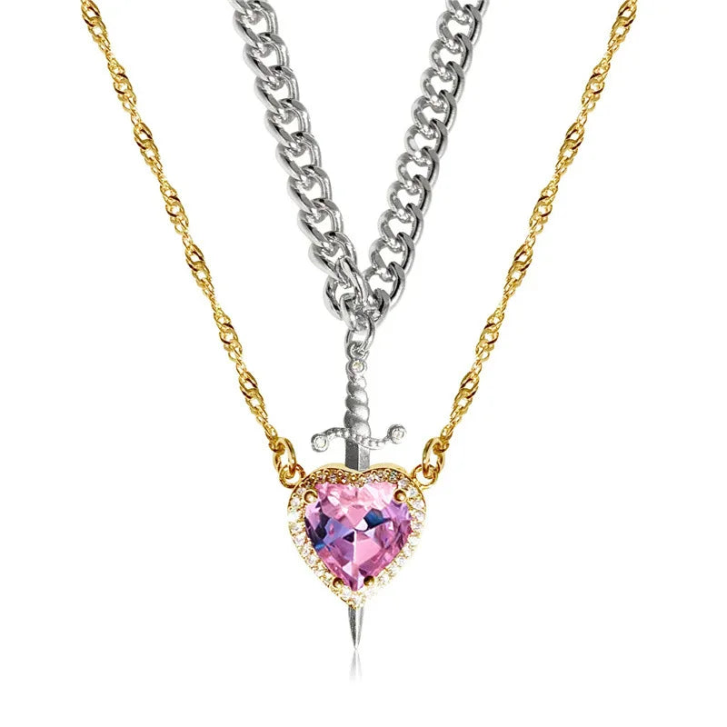Heart and Sword Necklace Couple Necklaces Zircon Crystal Ring Bracelet Necklace Jewelry Set for Romantic Valentine's Day Gifts