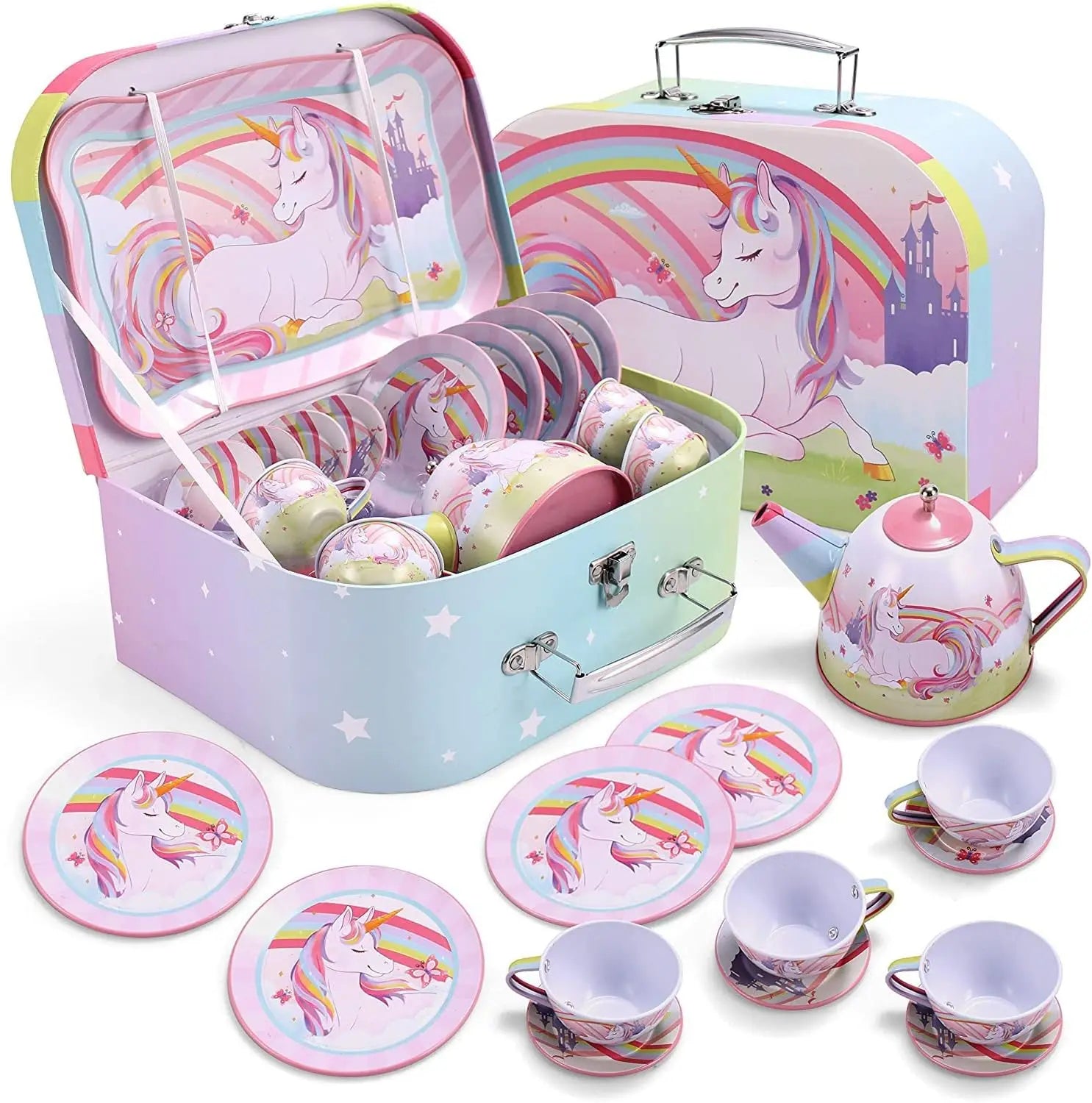 Joyfy Kid Tea Set Mermaid Tea Party Set Princess Pretend Play Tin Teapot Set Kitchen Toy for Girls Toddlers 2 3 4 5 6 Years Old