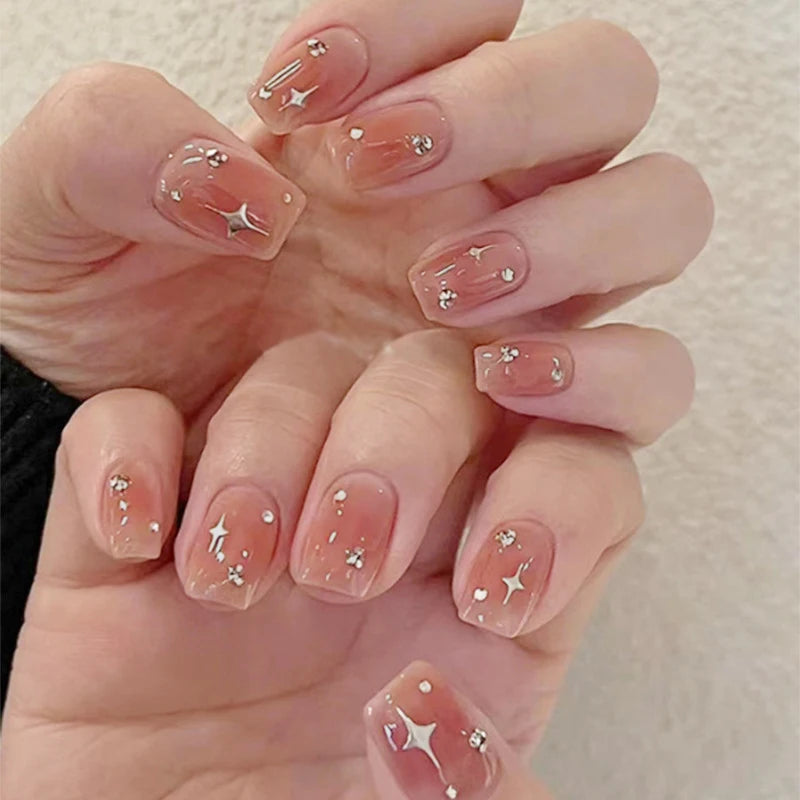 Blush Pink False Nails Bowknot Diamond Pearl Nails