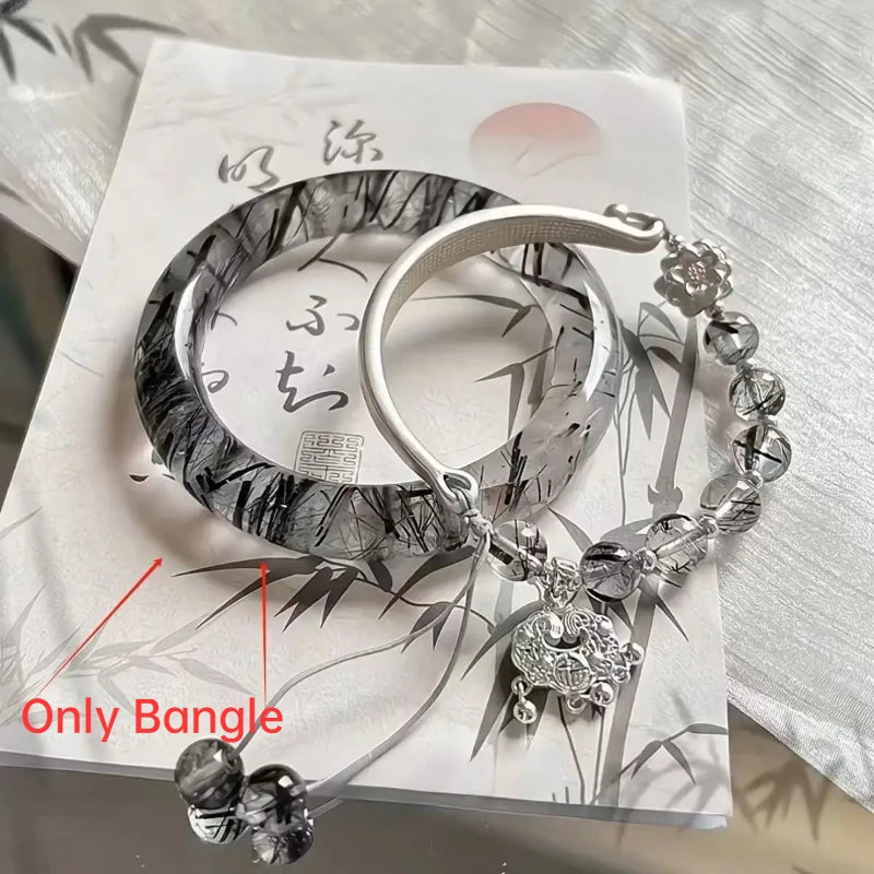 Translucent Resin Bangle for Women Chinese Style Tassel Bells Bracelet Crystal Beads Chain Bracelet Silver Color Alloy Jewelry