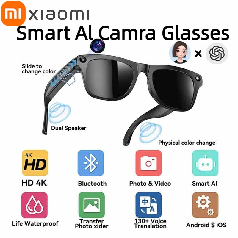 Xiaomi 4K HD Electrochromic AI Smart Glasses Translate Chat GPT 800W Camera Bluetooth Call Voice Assistant Control Smart Glasses