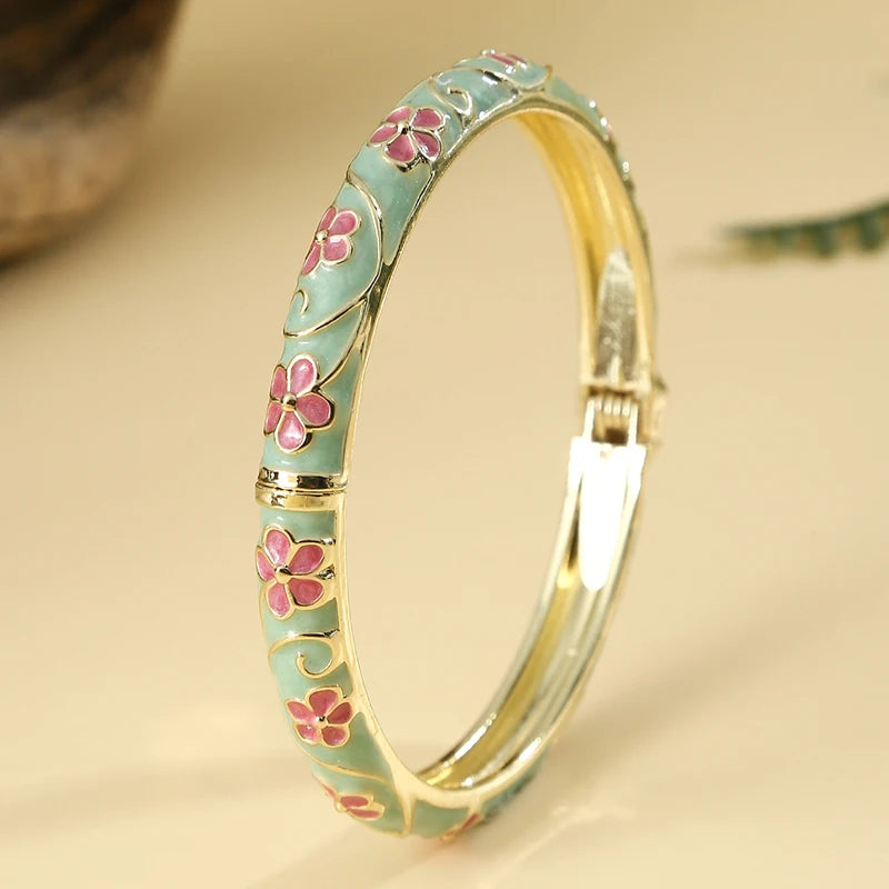 FTCY Flower Pattern Enamel Cloisonne Bracelet For Women Retro Gold Color Plated Bangles for Girls Women Jewelry Gifts
