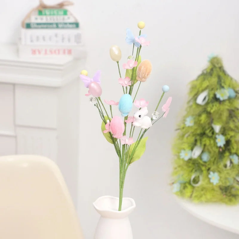 Easter Flower Spring Floral with Easter Egg Rabbit Statue Fake Twig Branches Easter Vine Stems for DIY Holiday Vase Decor