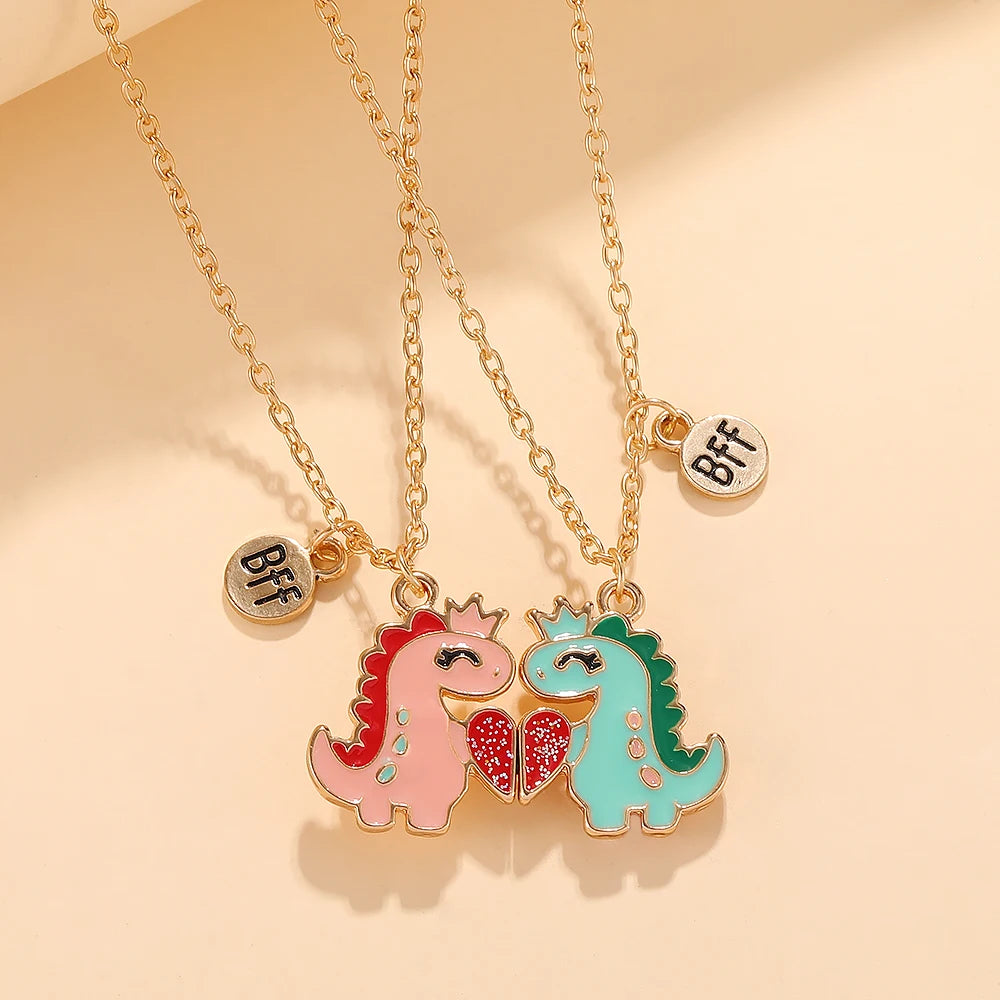 2Pcs/Set BFF Charms Pink Blue Cartoon Dinosaur Heart Design Necklace Cute Lovers Couple Valentine's Day Jewelry Gift