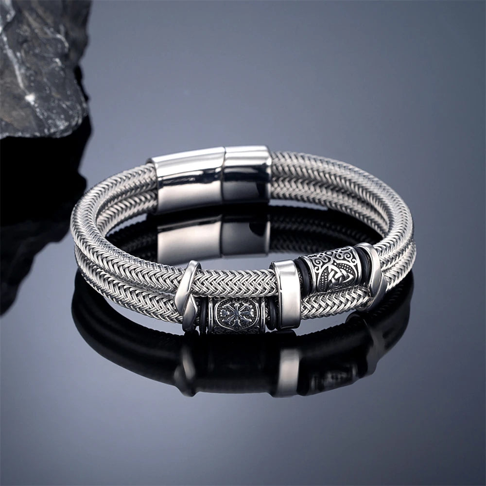 Norse Runes Double-Layer Unfading Steel Wire Rope Bracelets Men Stainless Steel Vikings Bangles Charm Couple Jewelry Male Gifts