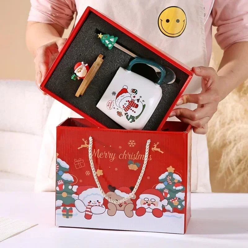 Christmas Gift Box Mug Coffee Milk Tea Breakfast Cup Festive Christmas Xmas Theme Ceramic Mug Cup Set with Lid And Spoon