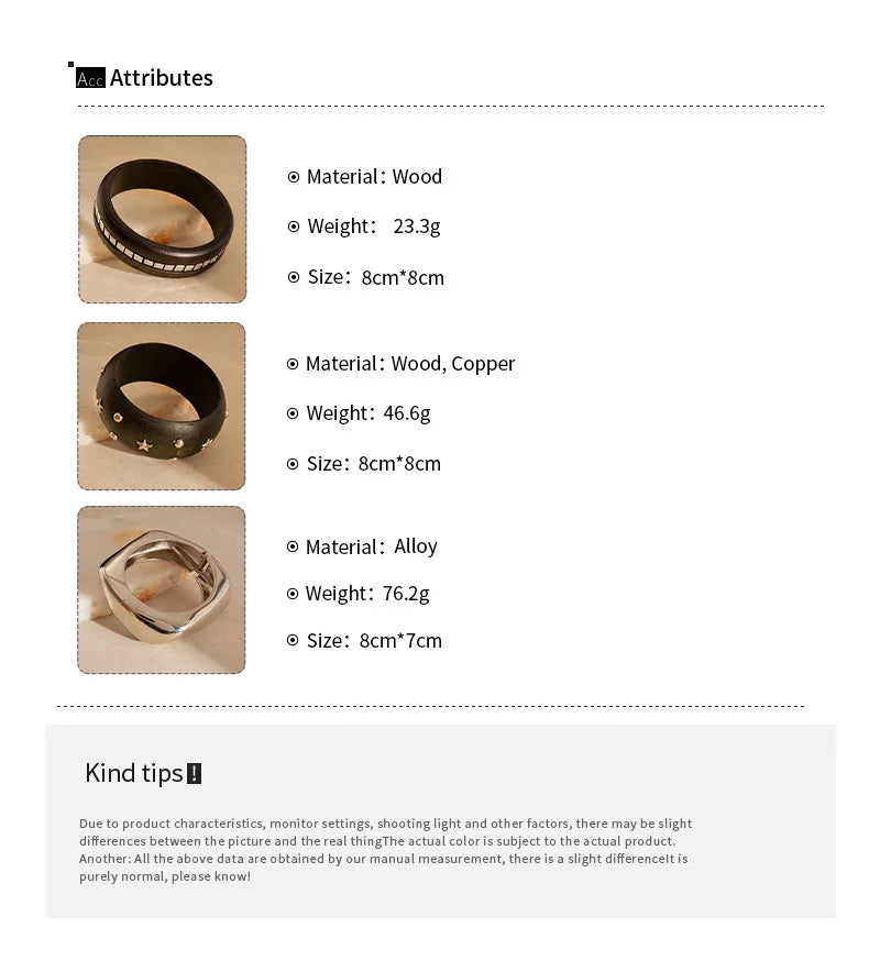 12 Styles Natural Wooden Square Round Bracelet for Women Men Hip Hop  Rivet Beads Wide Bangles Hand Jewelry Pulseras Mujer