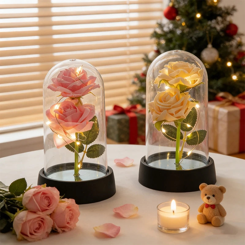 Christmas Valentine's Day Gifts Eternal Rose Flowers in Glass Cover Simulation Rose Flower Desktop Ornament For Girlfriends