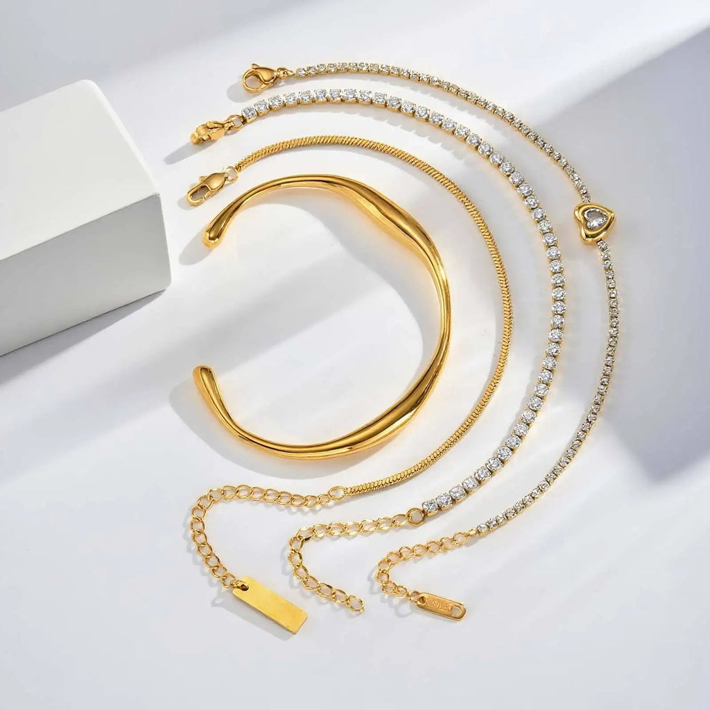 Vnox Clear Heart Zircon Snake Chain Bracelets Bangles For Women, Gold Color Stainless Steel Chain, Boho Elegant Jewelry Gifts