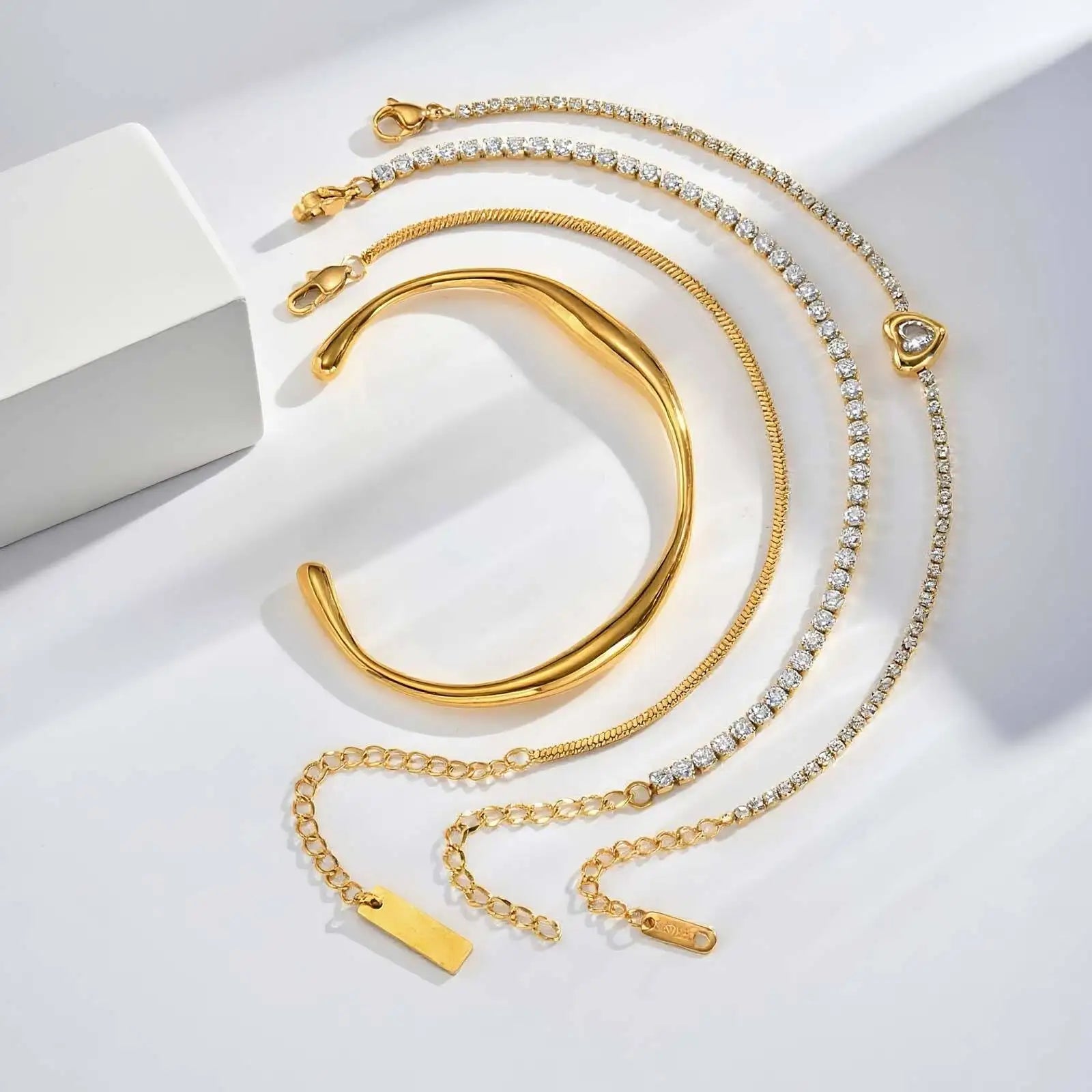 Vnox Clear Heart Zircon Snake Chain Bracelets Bangles For Women, Gold Color Stainless Steel Chain, Boho Elegant Jewelry Gifts