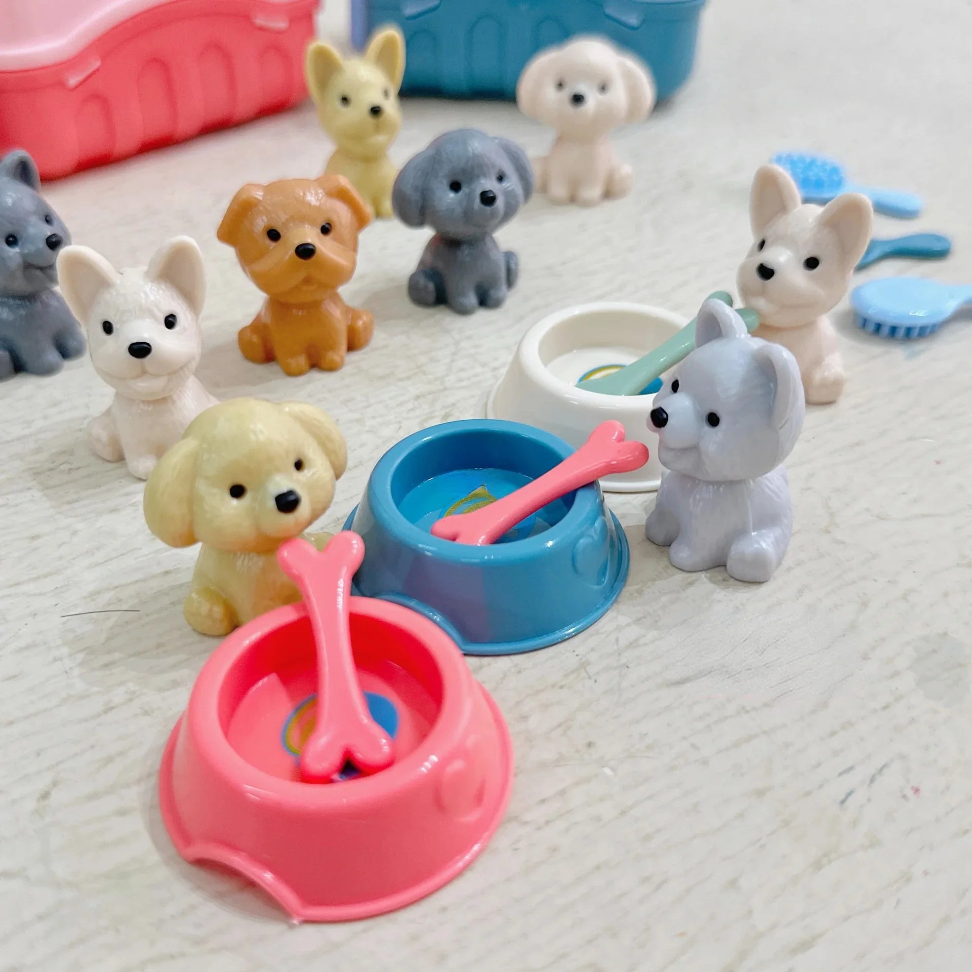Mini Pet Doll House Toy Set with Dog Basket Simulation Animal Figures for Kids Toddlers Christmas Birthday Gifts for Girls Boys