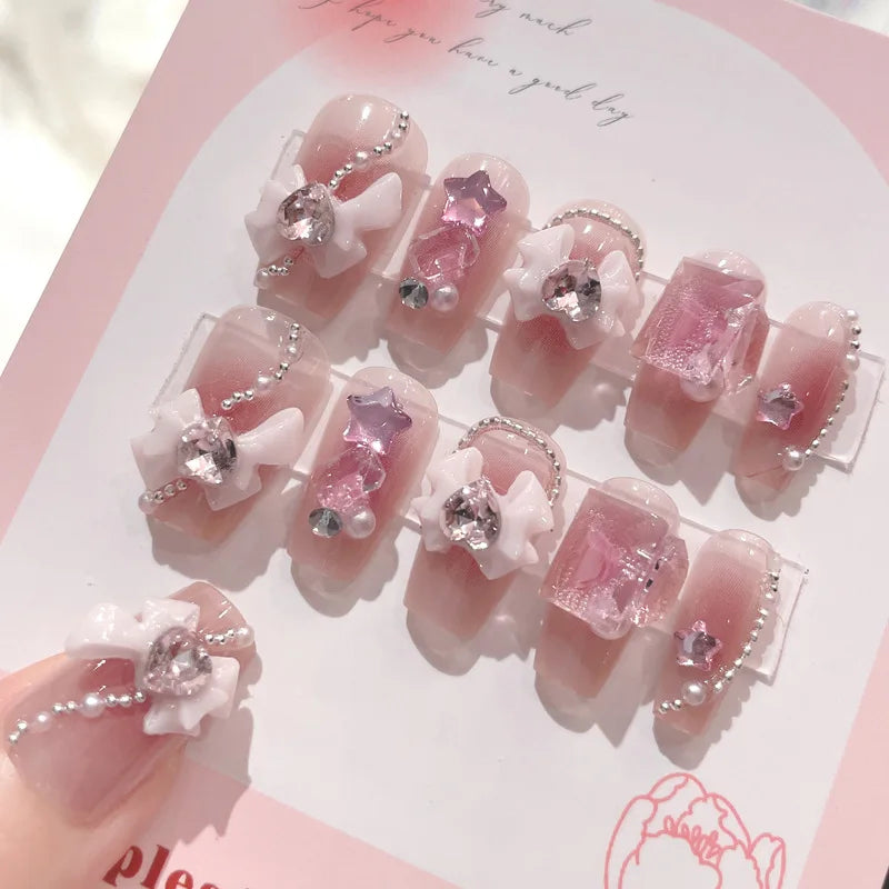 Blush Pink False Nails Bowknot Diamond Pearl Nails