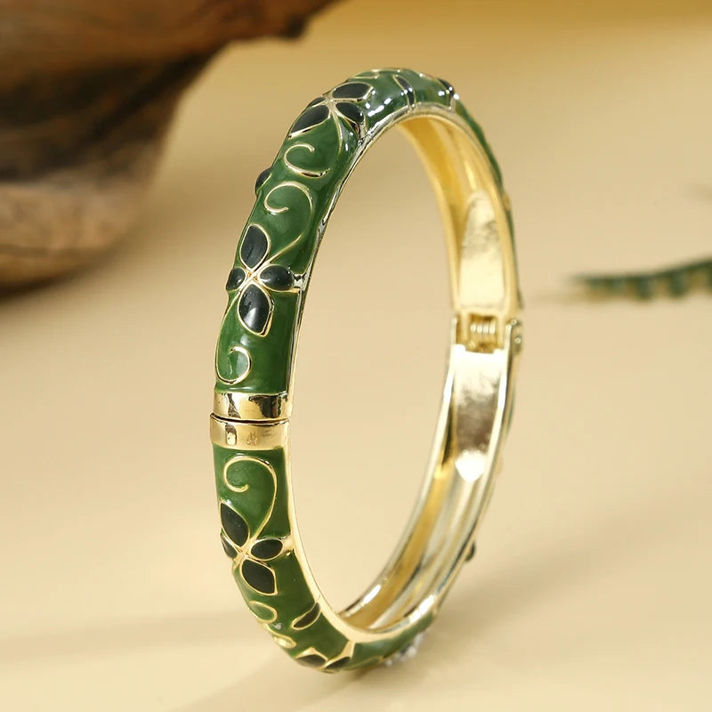 FTCY Flower Pattern Enamel Cloisonne Bracelet For Women Retro Gold Color Plated Bangles for Girls Women Jewelry Gifts