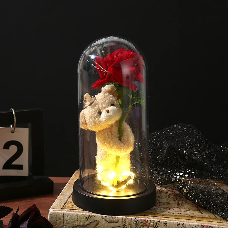 Christmas Valentine's Day Gifts Eternal Rose Flowers in Glass Cover Simulation Rose Flower Desktop Ornament For Girlfriends
