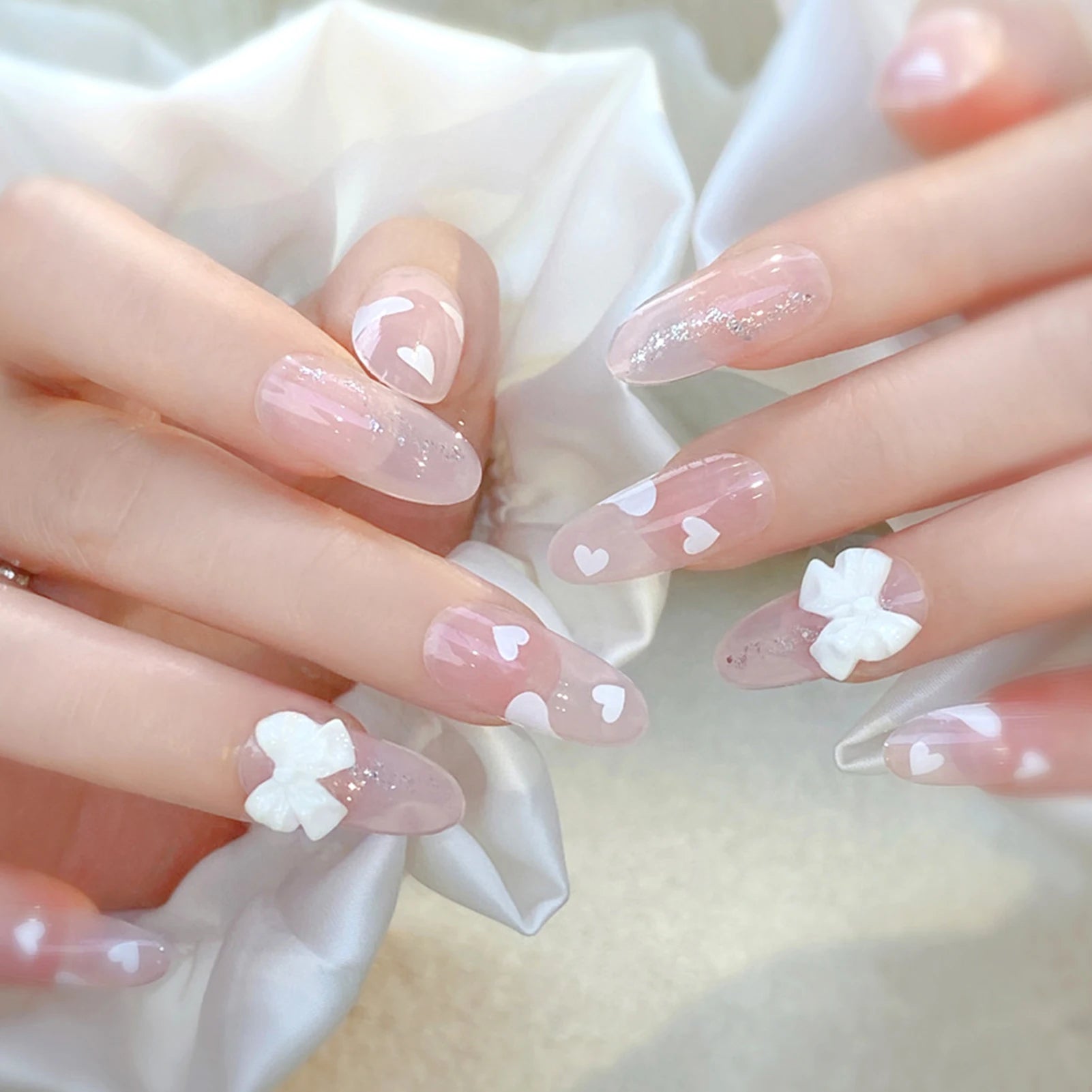 Blush Pink False Nails Bowknot Diamond Pearl Nails