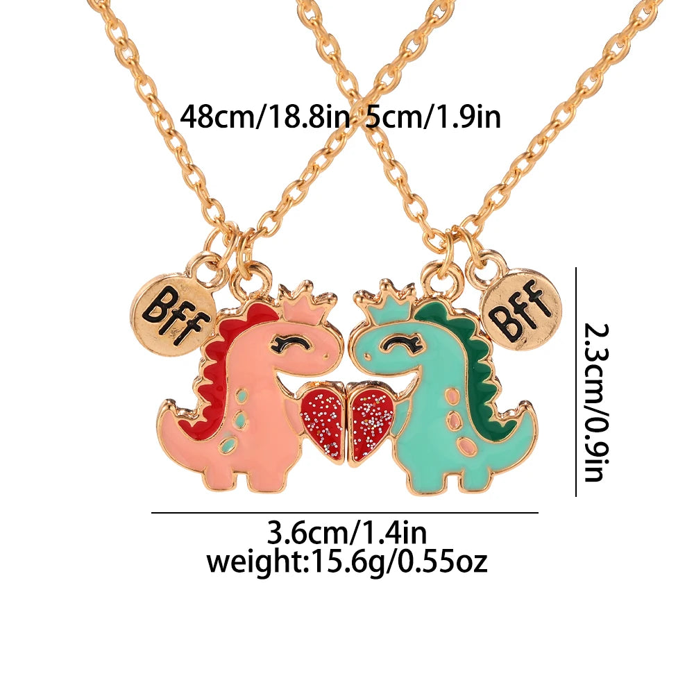 2Pcs/Set BFF Charms Pink Blue Cartoon Dinosaur Heart Design Necklace Cute Lovers Couple Valentine's Day Jewelry Gift