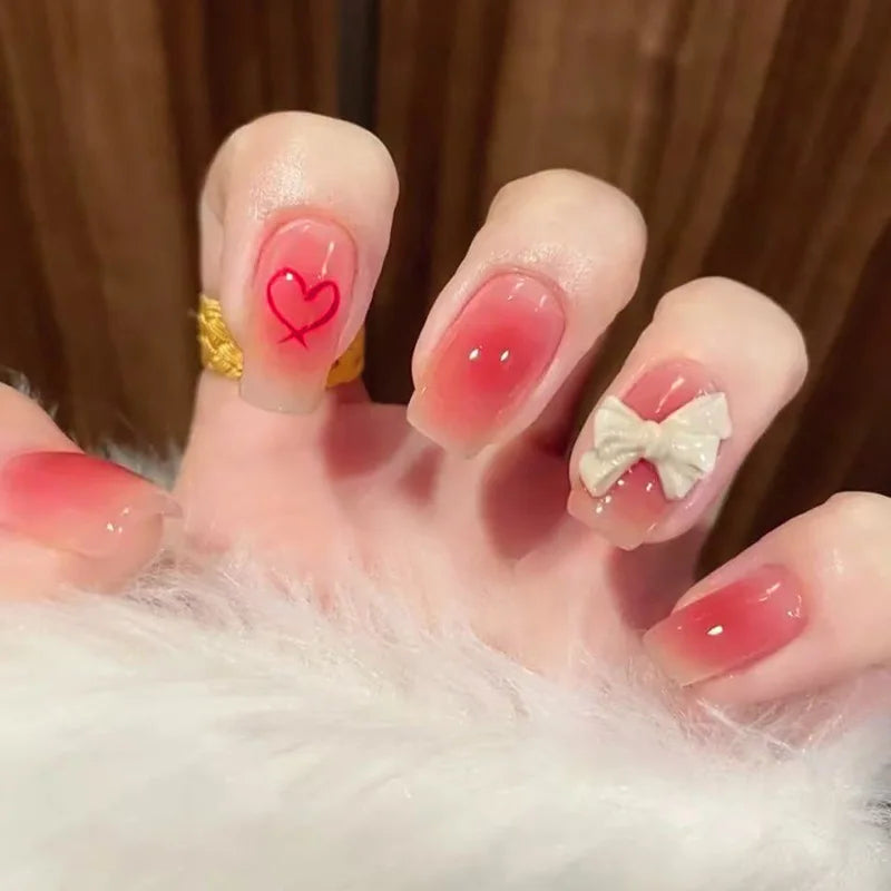 Blush Pink False Nails Bowknot Diamond Pearl Nails