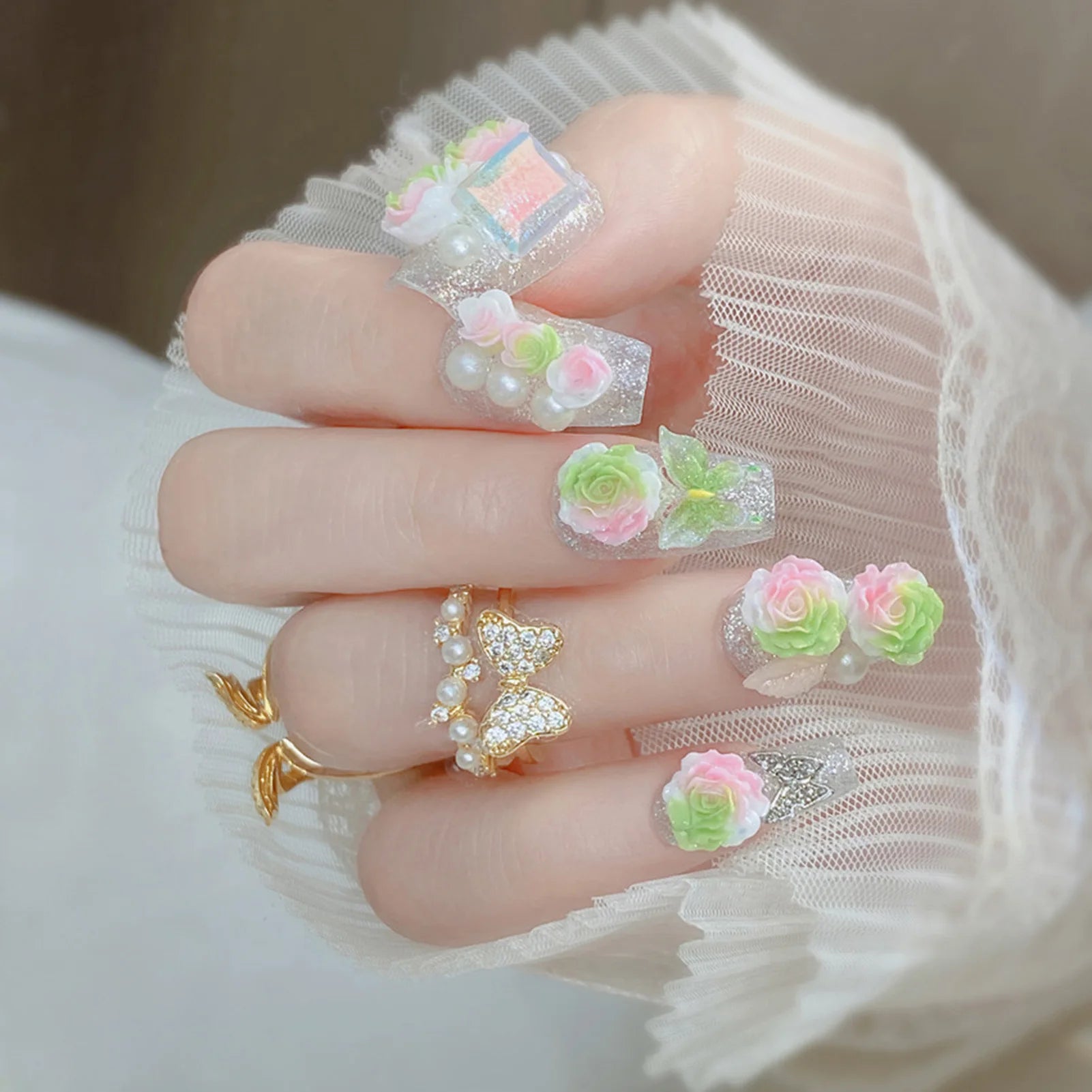 Blush Pink False Nails Bowknot Diamond Pearl Nails