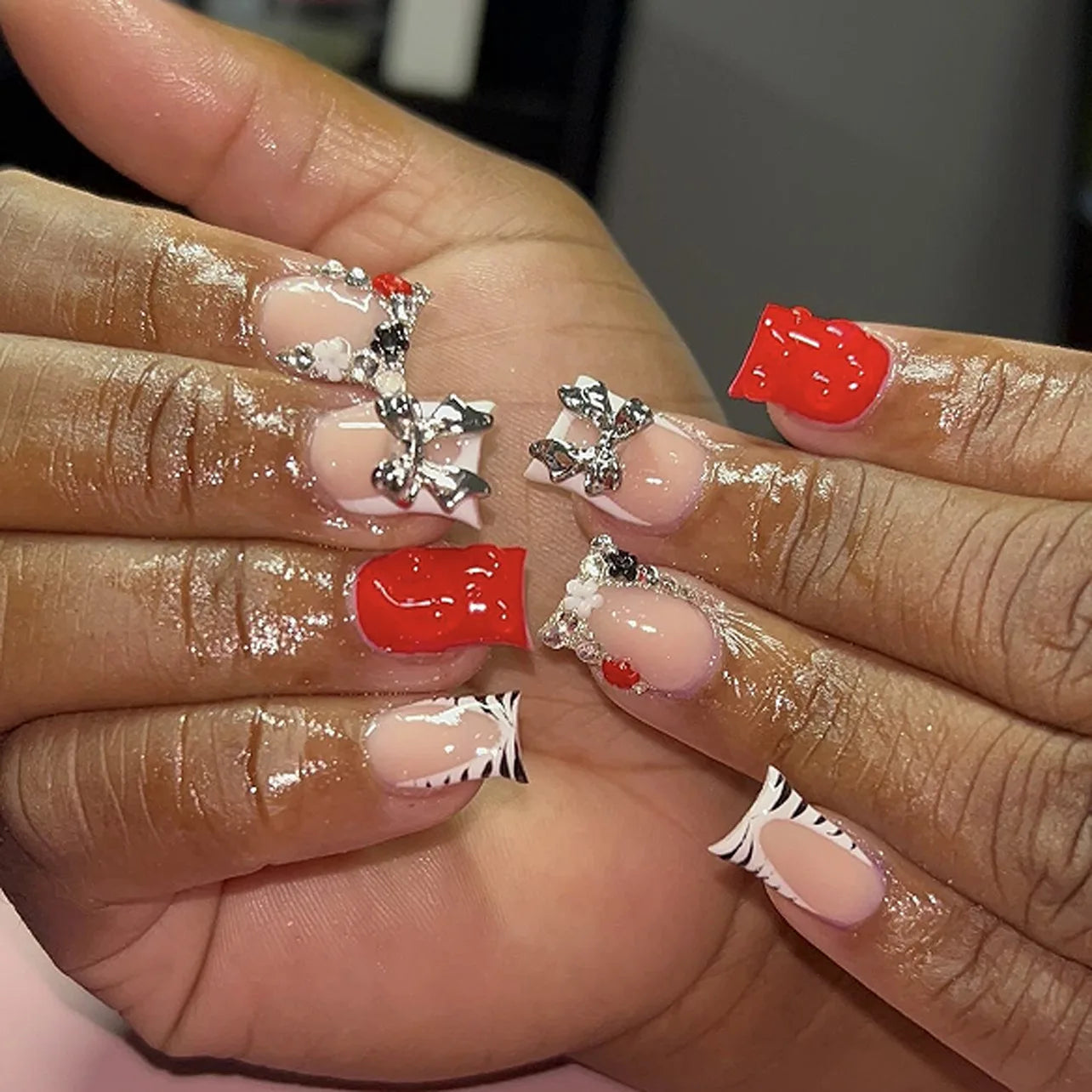 Blush Pink False Nails Bowknot Diamond Pearl Nails