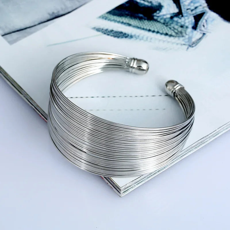 Pulseras De Acero Inoxidable Fashion Wire Wrap Open Wide Cuff Bracelet Bangle For Women Jewelry Vintage Metal Bangle Female