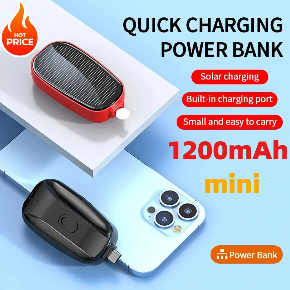 2025 New Solar Power Bank Mini Key Ring Powerbank Phone Portable Charger 1200mah External  Spare Battery for Xiaomi IPhone