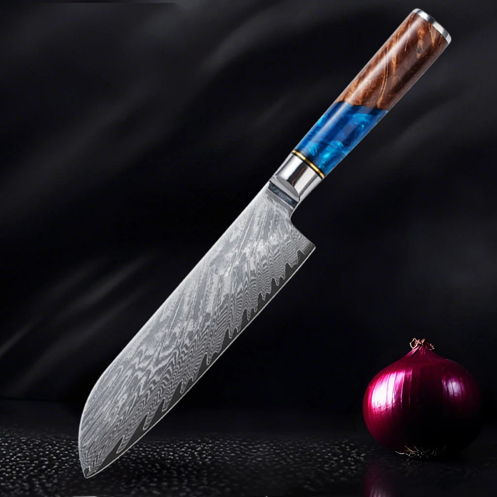 Damascus Knife Set 2 Pieces Japanese Kitchen Knife with VG10 Steel Core Blue Resin Handle Super Sharp Kitchen Chef's Knife