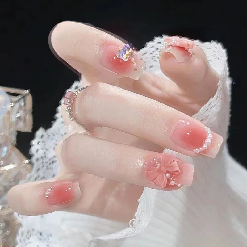 Blush Pink False Nails Bowknot Diamond Pearl Nails