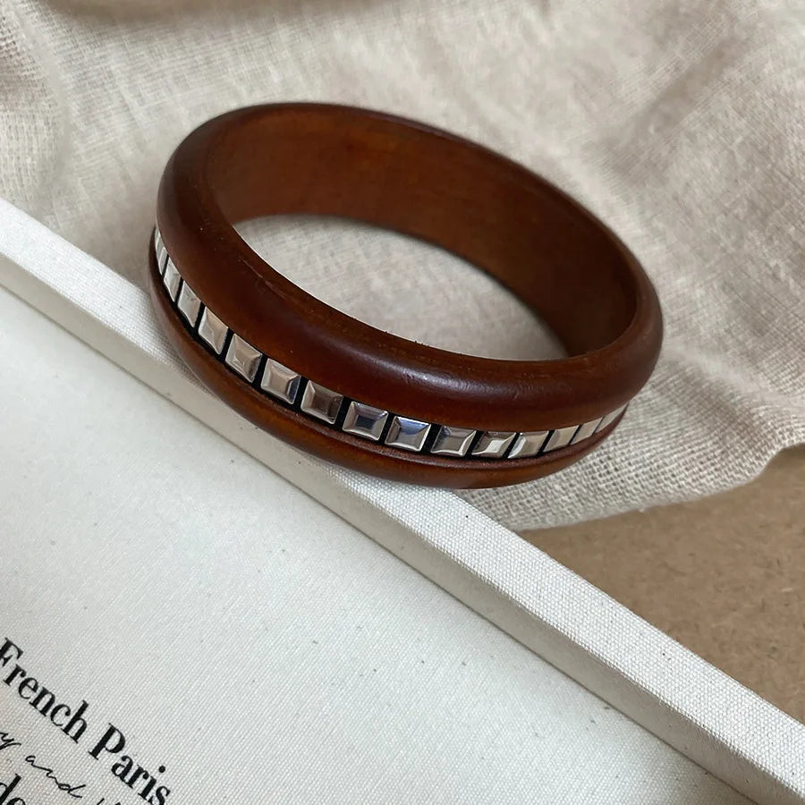 12 Styles Natural Wooden Square Round Bracelet for Women Men Hip Hop  Rivet Beads Wide Bangles Hand Jewelry Pulseras Mujer