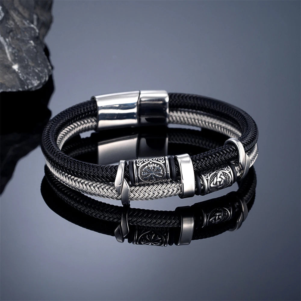 Norse Runes Double-Layer Unfading Steel Wire Rope Bracelets Men Stainless Steel Vikings Bangles Charm Couple Jewelry Male Gifts