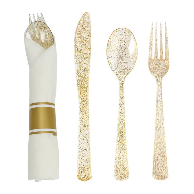 20 Pieces Western Tableware Set Plastic Transparent Gold And Silver Powder Knife Fork Spoon Tissue Tableware Set