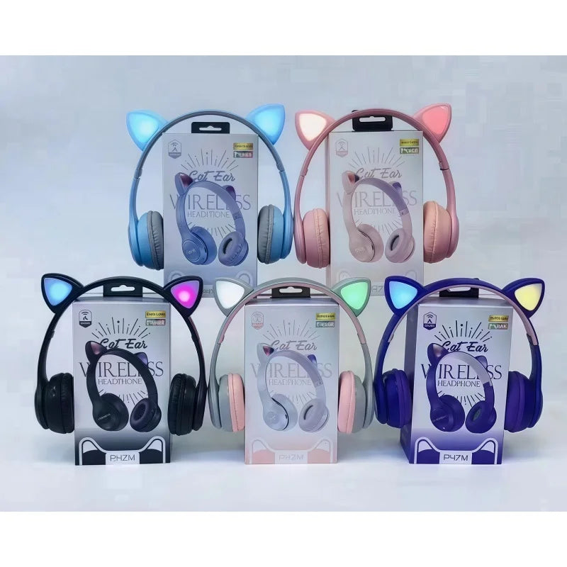 P47M Wireless Bluetooth Headset Gamer Cat LED Light Foldable Noise Cancelling
