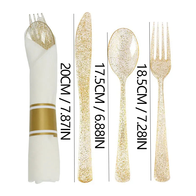 20 Pieces Western Tableware Set Plastic Transparent Gold And Silver Powder Knife Fork Spoon Tissue Tableware Set