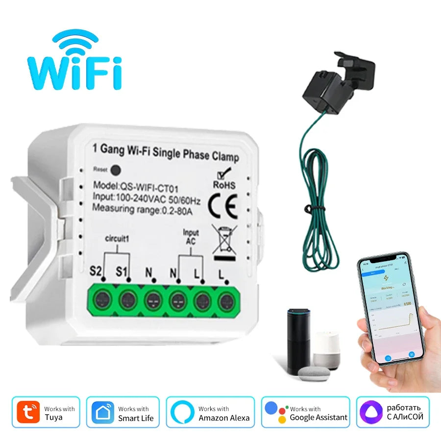 Tuya Wifi Smart Energy Meter 80A Current Sensor Solar PV System Power Production Consumption Bidirectional Monitor APP Control