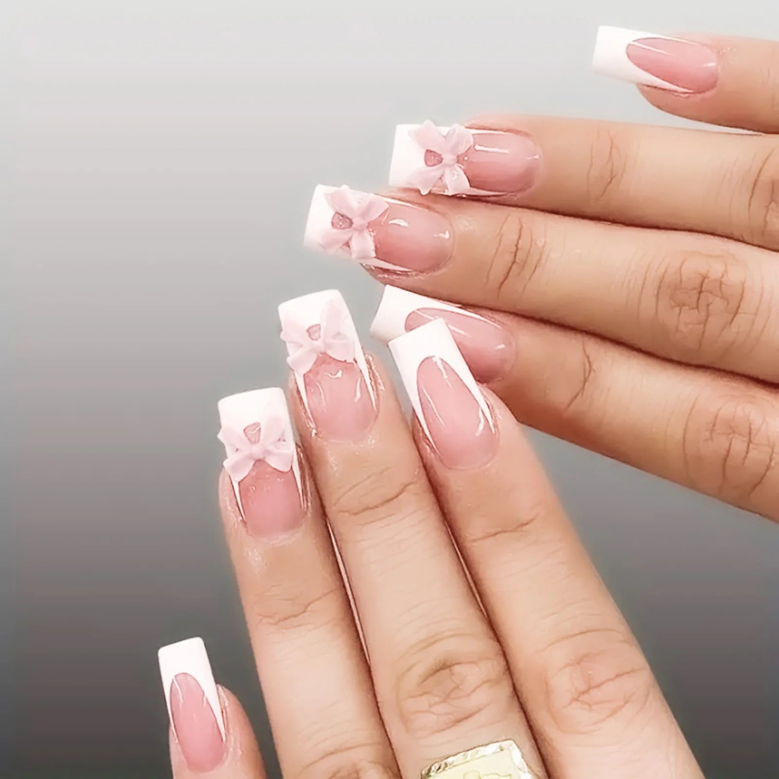 Blush Pink False Nails Bowknot Diamond Pearl Nails