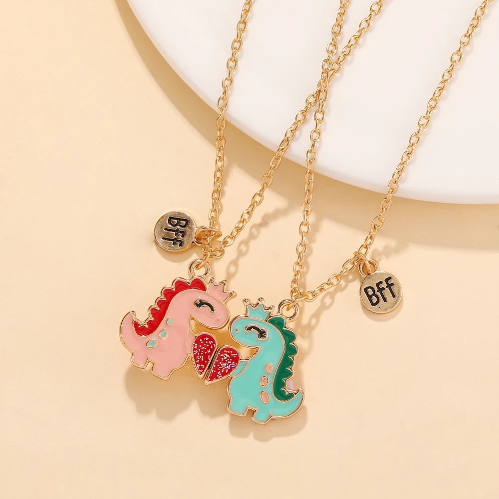 2Pcs/Set BFF Charms Pink Blue Cartoon Dinosaur Heart Design Necklace Cute Lovers Couple Valentine's Day Jewelry Gift