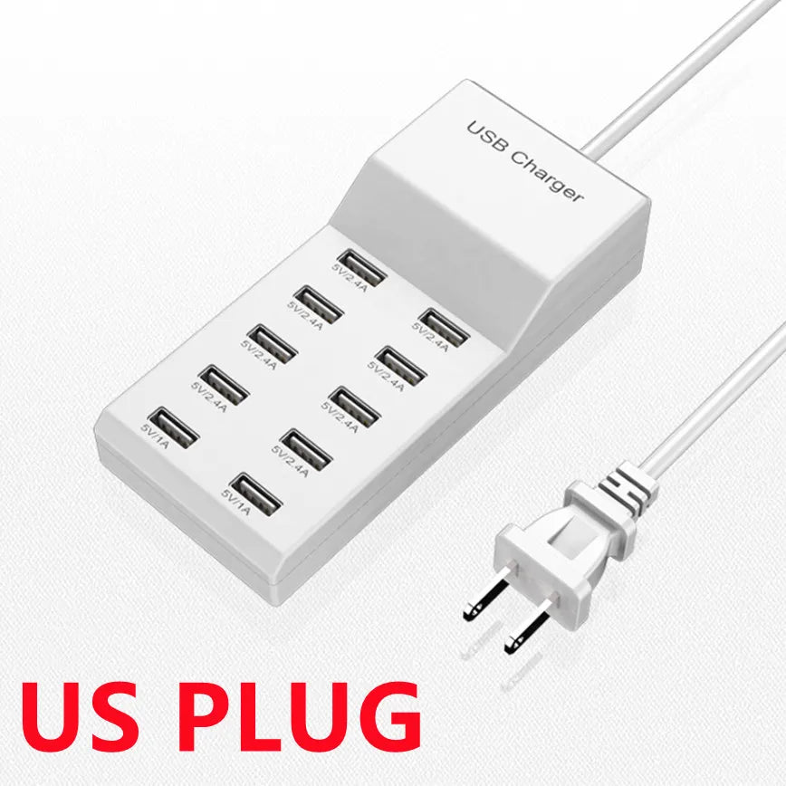 10-Port USB Charger Station Rapid Charging with Auto Detect Tech Safety Guaranteed Smart Ports for Phones Tablets More Devices.