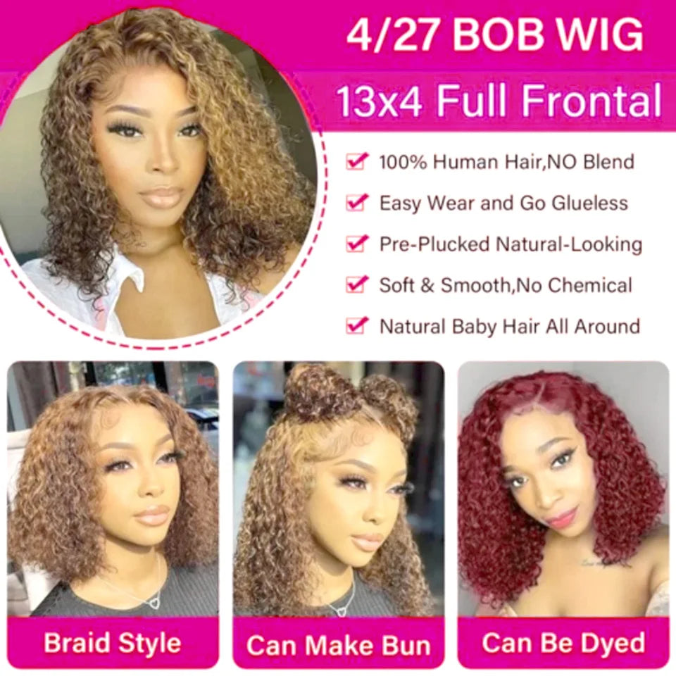 Deep Culry Highlight 4/27 Color 100% Human Hair 16Inch Bob Wigs 13x4 HD Lace Frontal Bob Human Hair Wig 200%Density Remy Bob Wig