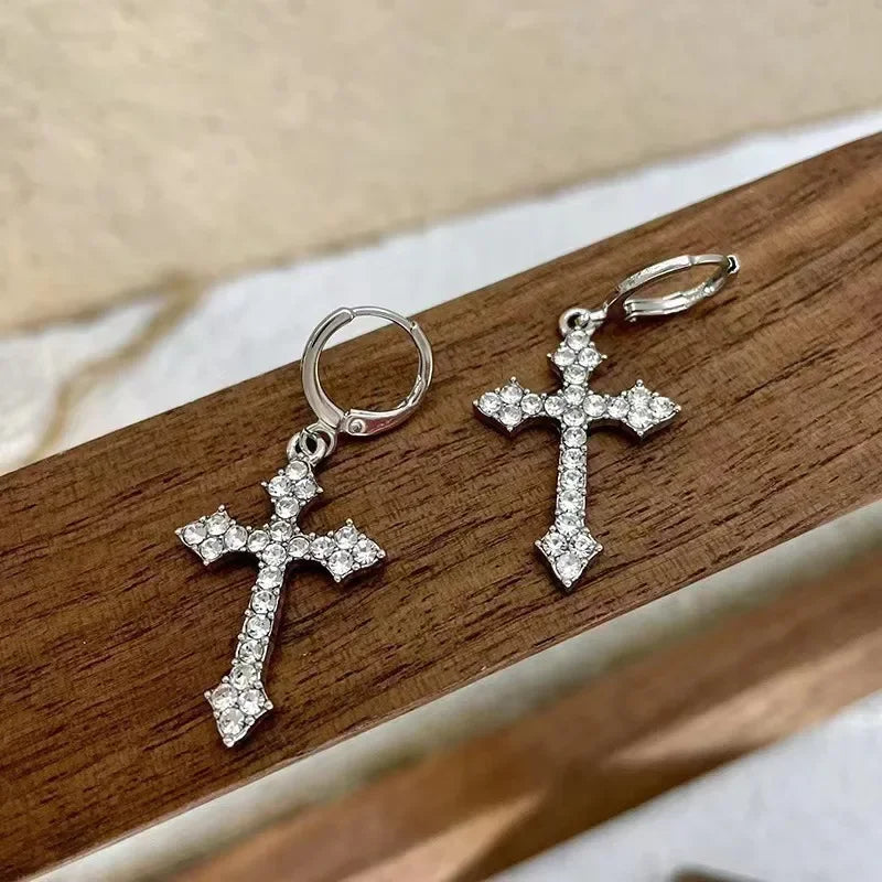 New Rhinestone Zircon Cross Pendant Earrings For Women Korean Fashion Drop Hoop Earrings Birthday Party Jewelry Gifts