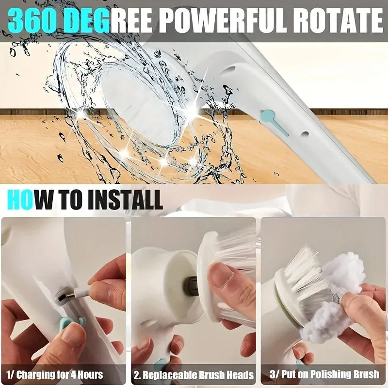 Electric Power Scrubber Kit - Rechargeable Cleaning Brush with Steel Wool Pads for Kitchen, Bath, Grill, Long Handle & Wa